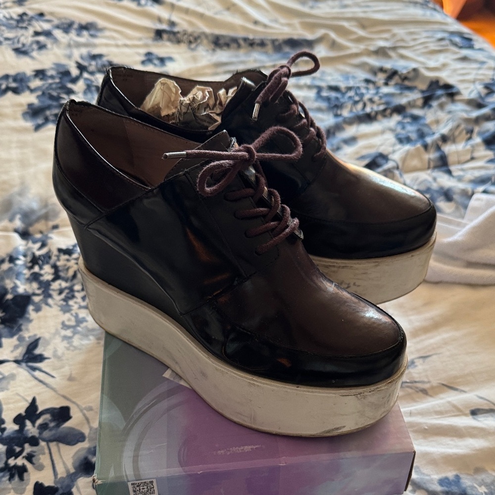 DKNYC Glossy Brown Platform Lace-Up Wedges with White Sole